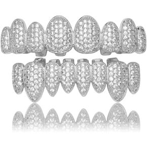 Rap Hip-Hop Teeth Grillz Set for Halloween with Copper CZ Bling Grillz Diamond Grills for Your Teeth for Men Women 18K Gold Plated Iced Out Macro Pave Cubic Zirconia Mouth Grill with Extra Molding Bars Included