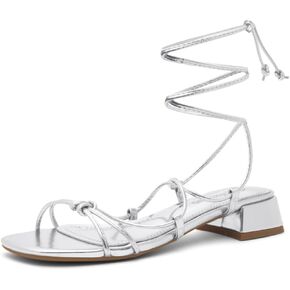 Shoe Land Womens SL-Danica Lace Up Sandals Low Block heels Square Open Toe Tie Up Flat Shoes