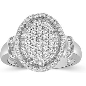 JEWELEXCESS White Diamond 1 Carat Ring with Sterling Silver for Women & Girls | Oval Halo Promise Ring with Round & Baguette Cut Diamonds