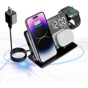 4-in-1 Wireless Charging Station for Apple Devices, 18W Fast Charge Wireless Charger with Alarm Clock and Temperature Display, Wireless Charger Stand for iPhone 14 13 12, Apple Watch & AirPods