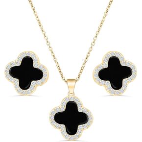 Four Leaf Black Clover Necklace Earring Set for Women 18K Gold Plated Stainless Steel Crystal Pendant 4 Leaf Lucky Ear Studs Jewelry Gift for Mother and Daughter (Gold Set)