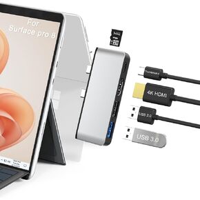 قاعدة شحن سيرفس برو 9 مع HDMI 4K، ثونربولت 4 (فيديو 8K + 40Gbps+طاقة 100 واط)، ايثرنت 100 متر، 2 USB3.0، فتحة بطاقة SD TF، صوت 3.5 ملم، موزع عرض ثلاثي لملحقات سيرفس برو 9/X in Kuwait