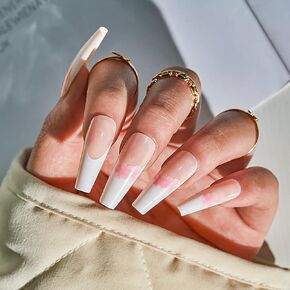 French Tip Press on Nails Long Coffin Fake Nails Glossy Acrylic False Nails with Pink Flower Design Artificial Nails for Women and Girls 24 pcs