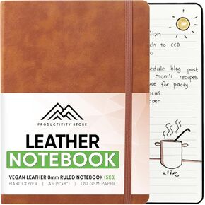 متجر الإنتاجية دفتر يوميات ومذكرات جلدية | دفتر ملاحظات من الجلد النباتي مقاس 5 × 8 بوصة مقاس A5 مع ورق مسطر سميك ممتاز بوزن 120 جرامًا للمتر المربع | دفتر للكتاب والمديرين التنفيذيين والطلاب | أسود in Kuwait