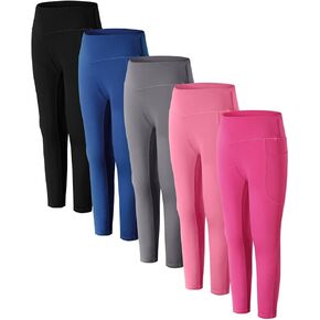 Athletic Leggings for Teen Girls with Pockets, Kids High Waisted Workout Active Yoga Pants Running Dance Tights 5 Pack