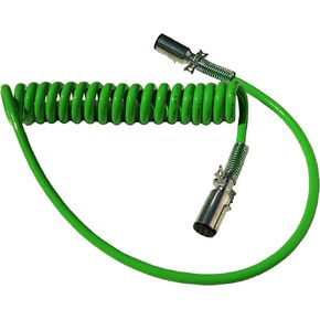 7-Way Truck and Trailer Electrical Coiled Cable ABS Duty Green, 15' Length; 1 X 12 & 1 X 40 Leads
