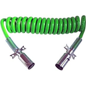 7-WAY TRUCK AND TRAILER ELECTRICAL COILED CABLE ABS DUTY GREEN, 15' LENGTH; 2 X 12" LEADS