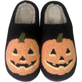 LAISMEIX Women's Men's Halloween Slippers Lantern Pumpkin Slippers Ghost Slippers Skeleton Slippers Vintage Memory Foam Plush Slippers Household Shoes One-Step Slippers