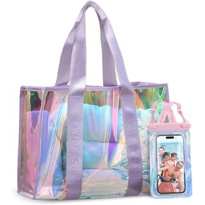 Beach Bags for Women, 30L Large Iridescent Clear Tote Bag, Sandproof & Waterproof Beach Bag+Waterproof Phone Pouch, Widen Strap Beach Tote Bag for Vacation Pool Beach Cruise Travel Essentials