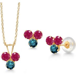 Gem Stone King 14K Yellow Gold Red Ruby and Blue Diamond 3 Stone Pendant and Earrings Jewelry Set For Women (1.23 Cttw, Round 3MM, with 18 Inch Chain)