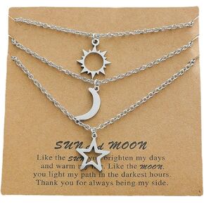 COLORFUL BLING Stainless Steel Sun and Moon Star Necklace 3 Best Friend Friendship Sister Set for Women Teens Girls Mom Daughter BFF Jewelry Gifts
