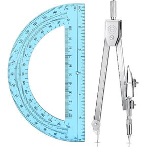 EBOOT Student Geometry Math Set, Drawing Compass and 6 Inch Clear Swing Arm Protractors 180 Degree Math Protractor (Argent, Classic)