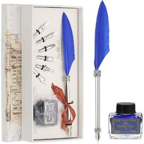 PATIKIL 21.5cm/8.5" Carved Feather Pen Set, Vintage Quill Pen with Ink Set 6 Replacement Nibs for Calligraphy Writing Office Dip Pen Wedding Gifts, Black