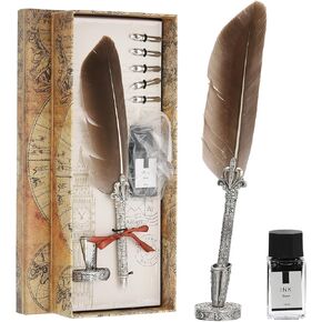 PATIKIL 26cm/11 Carved Feather Pen Set, Vintage Quill Pen with Ink Set 5 Replacement Nibs Stand Base for Calligraphy Writing Dip Pen Wedding Gifts, Brown