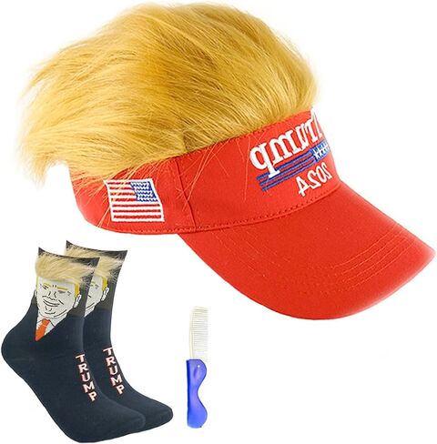 Trump 2024 Hat with Hair and Funny Trump Unisex Socks Combo, Wig Cap Embroidery Adjustable, Perfect Trump Merchandise Gift-Great for Election Day and Independence Day Red in Saudi Arabia