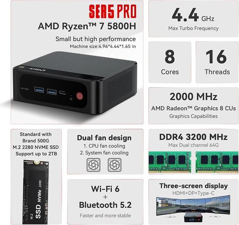كمبيوتر صغير AMD Ryzen 5 5600H سداسي النواة Beelink SER5 | 32 جيجابايت DDR4 | 500 جيجابايت NVMe M.2 SSD | شاشة ثلاثية 4K @ 60 هرتز، مخرج HDMI مزدوج، النوع C | Wi-Fi 6E | RJ45 | بلوتوث 5.2 | W-11 Gaming كمبيوتر مكتبي صغير in Kuwait