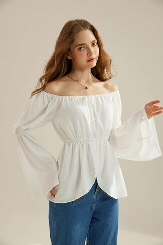 Scarlet Darkness Renaissance Shirt Women Off Shoulder Bell Sleeve Tops Pirate Peasant Blouse in Kuwait