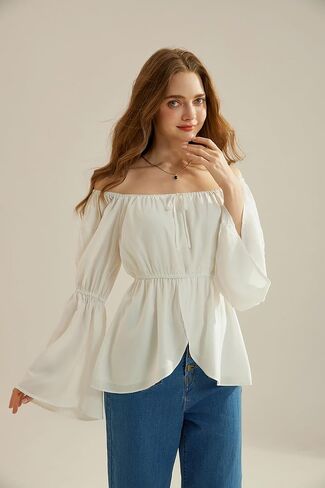 Scarlet Darkness Renaissance Shirt Women Off Shoulder Bell Sleeve Tops Pirate Peasant Blouse in Kuwait