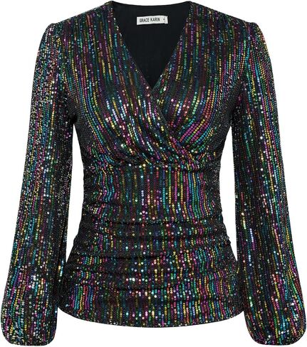 GRACE KARIN Sequin Tops for Women Long Sleeve Sparkly Dressy Tops Ruched Wrap Blouse Party Club Shirt in Saudi Arabia