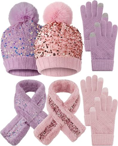 2 Sets Girl's Winter Knit Hat Scarf Gloves Set Warm Fleece Lined Pom Pom Hat Scarf Gloves for Teens Pink Purple in Saudi Arabia