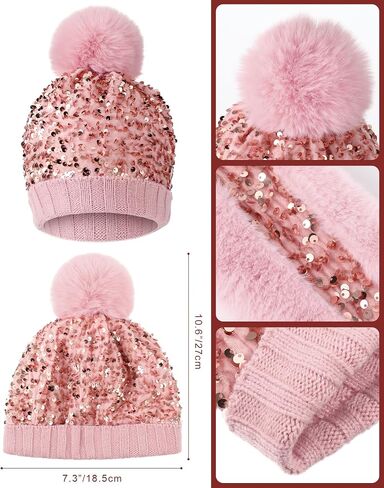 2 Sets Girl's Winter Knit Hat Scarf Gloves Set Warm Fleece Lined Pom Pom Hat Scarf Gloves for Teens Pink Purple in Saudi Arabia