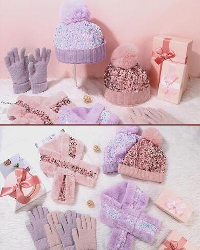 2 Sets Girl's Winter Knit Hat Scarf Gloves Set Warm Fleece Lined Pom Pom Hat Scarf Gloves for Teens Pink Purple in Saudi Arabia