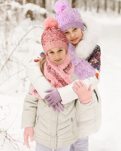 2 Sets Girl's Winter Knit Hat Scarf Gloves Set Warm Fleece Lined Pom Pom Hat Scarf Gloves for Teens Pink Purple in Saudi Arabia