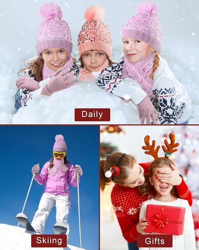 2 Sets Girl's Winter Knit Hat Scarf Gloves Set Warm Fleece Lined Pom Pom Hat Scarf Gloves for Teens Pink Purple in Saudi Arabia