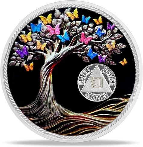 1 Year Sobriety Coin Gifts | Blank Colorful Tree of Life AA Chip Medallion with Coin Capsule, Display Stand & Card | Sobriety Gifts for Anniversary Month & Year for Men & Women in Recovery in Kuwait