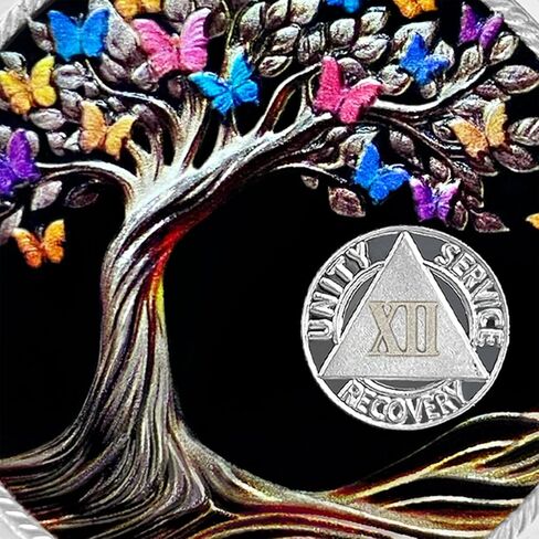 1 Year Sobriety Coin Gifts | Blank Colorful Tree of Life AA Chip Medallion with Coin Capsule, Display Stand & Card | Sobriety Gifts for Anniversary Month & Year for Men & Women in Recovery in Kuwait