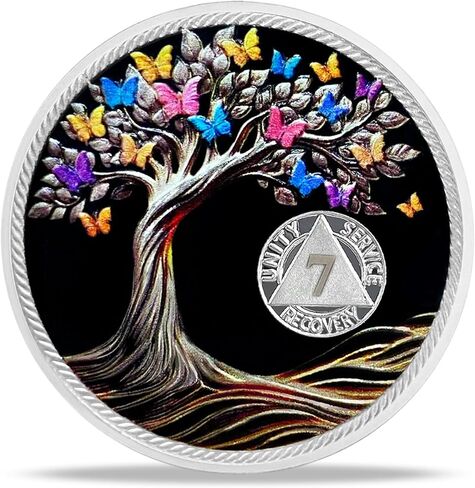 1 Year Sobriety Coin Gifts | Blank Colorful Tree of Life AA Chip Medallion with Coin Capsule, Display Stand & Card | Sobriety Gifts for Anniversary Month & Year for Men & Women in Recovery in Kuwait