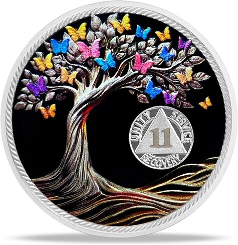 1 Year Sobriety Coin Gifts | Blank Colorful Tree of Life AA Chip Medallion with Coin Capsule, Display Stand & Card | Sobriety Gifts for Anniversary Month & Year for Men & Women in Recovery in Kuwait