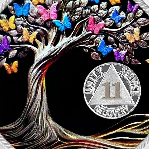 1 Year Sobriety Coin Gifts | Blank Colorful Tree of Life AA Chip Medallion with Coin Capsule, Display Stand & Card | Sobriety Gifts for Anniversary Month & Year for Men & Women in Recovery in Kuwait