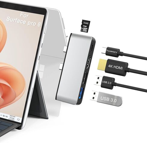 قاعدة شحن سيرفس برو 9 مع HDMI 4K، ثونربولت 4 (فيديو 8K + 40Gbps+طاقة 100 واط)، ايثرنت 100 متر، 2 USB3.0، فتحة بطاقة SD TF، صوت 3.5 ملم، موزع عرض ثلاثي لملحقات سيرفس برو 9/X in Kuwait