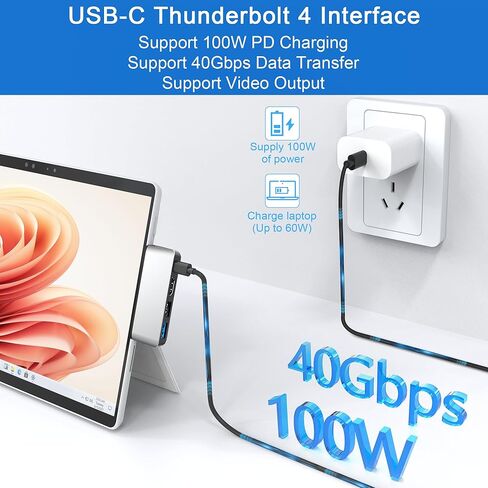 قاعدة شحن سيرفس برو 9 مع HDMI 4K، ثونربولت 4 (فيديو 8K + 40Gbps+طاقة 100 واط)، ايثرنت 100 متر، 2 USB3.0، فتحة بطاقة SD TF، صوت 3.5 ملم، موزع عرض ثلاثي لملحقات سيرفس برو 9/X in Kuwait