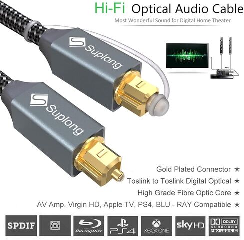 كابل صوت بصري Suplong كابل Toslink صوتي رقمي مطلي بالذهب 24 قيراط لـ [S/PDIF] LG/Samsung/Sony/Philips Sound Bar، التلفزيون الذكي، المسرح المنزلي، PS4، Xbox & Playstation (3.3 قدم، رمادي، 1) in Kuwait