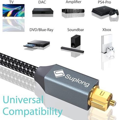 كابل صوت بصري Suplong كابل Toslink صوتي رقمي مطلي بالذهب 24 قيراط لـ [S/PDIF] LG/Samsung/Sony/Philips Sound Bar، التلفزيون الذكي، المسرح المنزلي، PS4، Xbox & Playstation (3.3 قدم، رمادي، 1) in Kuwait