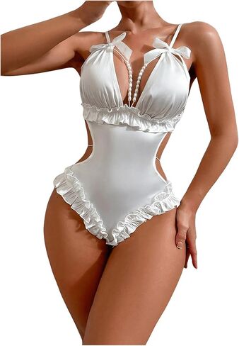 OYOANGLE Women's Satin Cut Out Beaded Frill Hem Bodysuits Bow Knot V Neck Backless Bodysuit Lingerie in Saudi Arabia