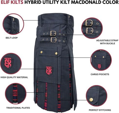 Modern Utility Kilts-Men's Plus Size Scottish Hybrid Black Cotton & Acrylic Wool Tartan Utility Kilts for Men in Saudi Arabia