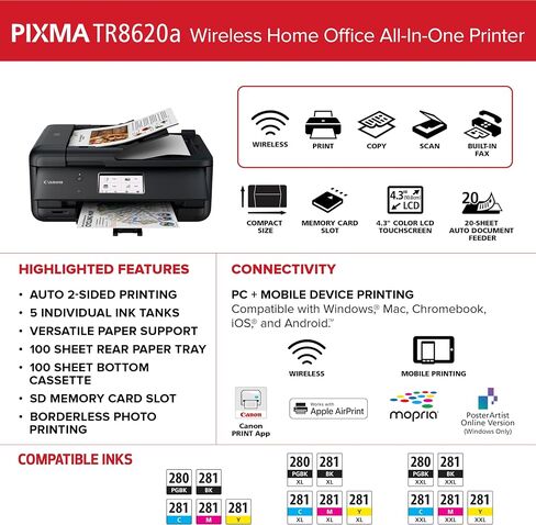Canon PIXMA TR8620a - All-in-One Printer Home Office|Copier|Scanner|Fax|Auto Document Feeder | Photo, Document | Airprint (R), Android, Black, Works with Alexa in Saudi Arabia
