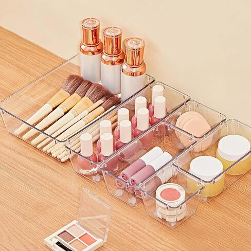 SMARTAKE 13-Piece Drawer Organizers with Non-Slip Silicone Pads, 5-Size Desk Drawer Organizer Trays Storage Tray for Makeup, Jewelries, Utensils in Bedroom Dresser, Office and Kitchen, Clear in Saudi Arabia