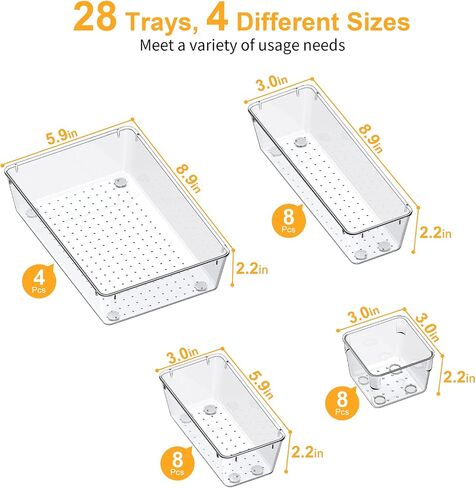 SMARTAKE 13-Piece Drawer Organizers with Non-Slip Silicone Pads, 5-Size Desk Drawer Organizer Trays Storage Tray for Makeup, Jewelries, Utensils in Bedroom Dresser, Office and Kitchen, Clear in Saudi Arabia