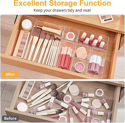 SMARTAKE 13-Piece Drawer Organizers with Non-Slip Silicone Pads, 5-Size Desk Drawer Organizer Trays Storage Tray for Makeup, Jewelries, Utensils in Bedroom Dresser, Office and Kitchen, Clear in Saudi Arabia
