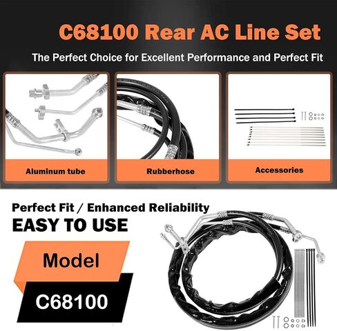 مجموعة خطوط التيار المتردد الخلفية C68100 المُحدثة تناسب 2012-2019 دودج كارافان/جراند كارافان/كرايسلر تاون/كانتري ميني فان - خراطيم مطاطية عالية الضغط مع تركيبات OEM - تتضمن حلقات دائرية ومجموعة ربطات عنق in Saudi Arabia