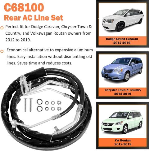 مجموعة خطوط التيار المتردد الخلفية C68100 المُحدثة تناسب 2012-2019 دودج كارافان/جراند كارافان/كرايسلر تاون/كانتري ميني فان - خراطيم مطاطية عالية الضغط مع تركيبات OEM - تتضمن حلقات دائرية ومجموعة ربطات عنق in Saudi Arabia
