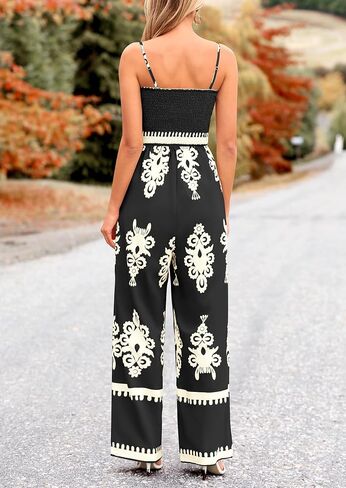 PRETTYGARDEN Women's Summer Boho Jumpsuits One Piece Beach Vacation Outfits Spaghetti Strap Wide Leg Pants Rompers in Saudi Arabia