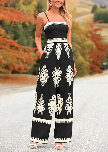 PRETTYGARDEN Women's Summer Boho Jumpsuits One Piece Beach Vacation Outfits Spaghetti Strap Wide Leg Pants Rompers in Saudi Arabia