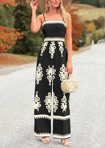 PRETTYGARDEN Women's Summer Boho Jumpsuits One Piece Beach Vacation Outfits Spaghetti Strap Wide Leg Pants Rompers in Saudi Arabia