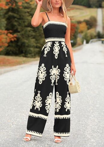 PRETTYGARDEN Women's Summer Boho Jumpsuits One Piece Beach Vacation Outfits Spaghetti Strap Wide Leg Pants Rompers in Saudi Arabia