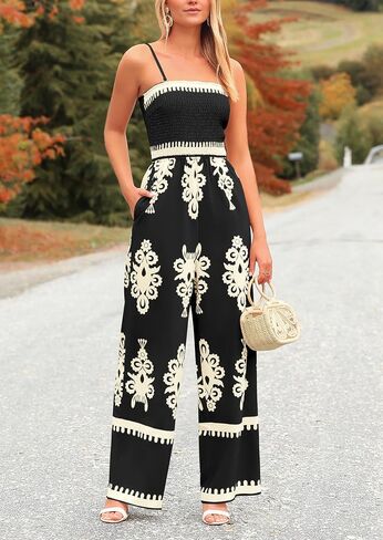 PRETTYGARDEN Women's Summer Boho Jumpsuits One Piece Beach Vacation Outfits Spaghetti Strap Wide Leg Pants Rompers in Saudi Arabia